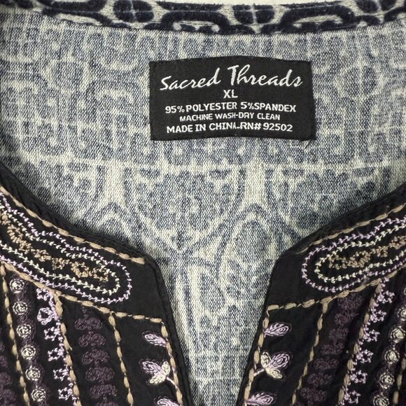 XL Sacred Threads Embroidered Boho Festival Blue Gray Plush Paisley Dress - Picture 5 of 11